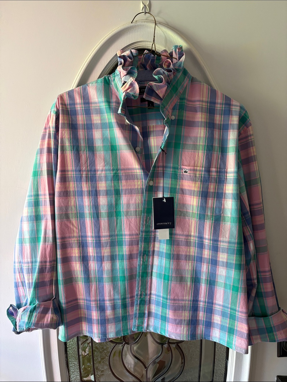 crown & ivy Pastel Plaid up-cycled ruffle collar button down shirt